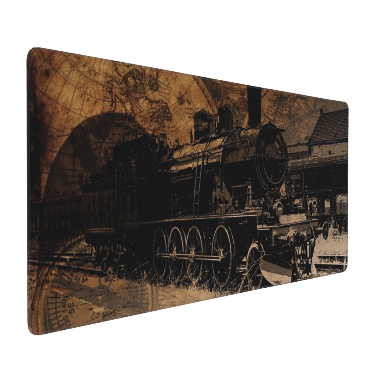 Vintage Gaming Accessories - แผ่นรองเมาส์ขนาดใหญ่ ลายรถไฟไอน้ำวินเทจ ภาพวาดสีเซเปีย สำหรับพีซี แล็ปท็อป คีย์บอร์ด