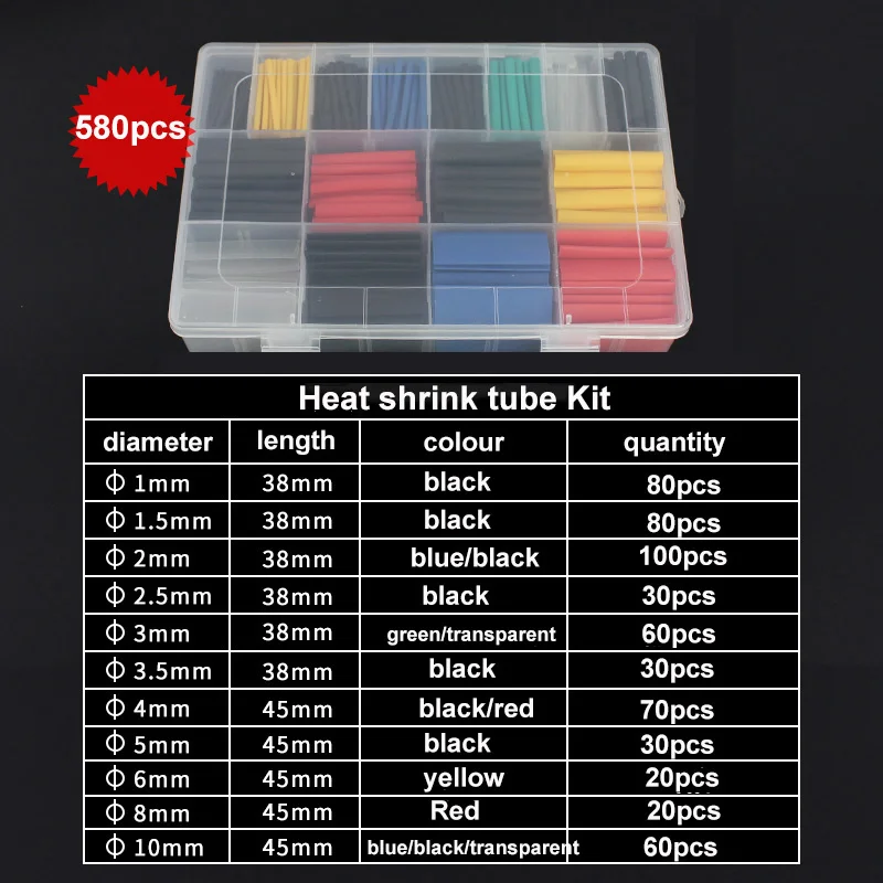 Sleeved Cable Kit - 2:1หดกันน้ำ580ชิ้น/เซ็ตท่อหดความร้อนชุดสารพันฉนวนโพลีโอเลฟินสายไฟฟ้า