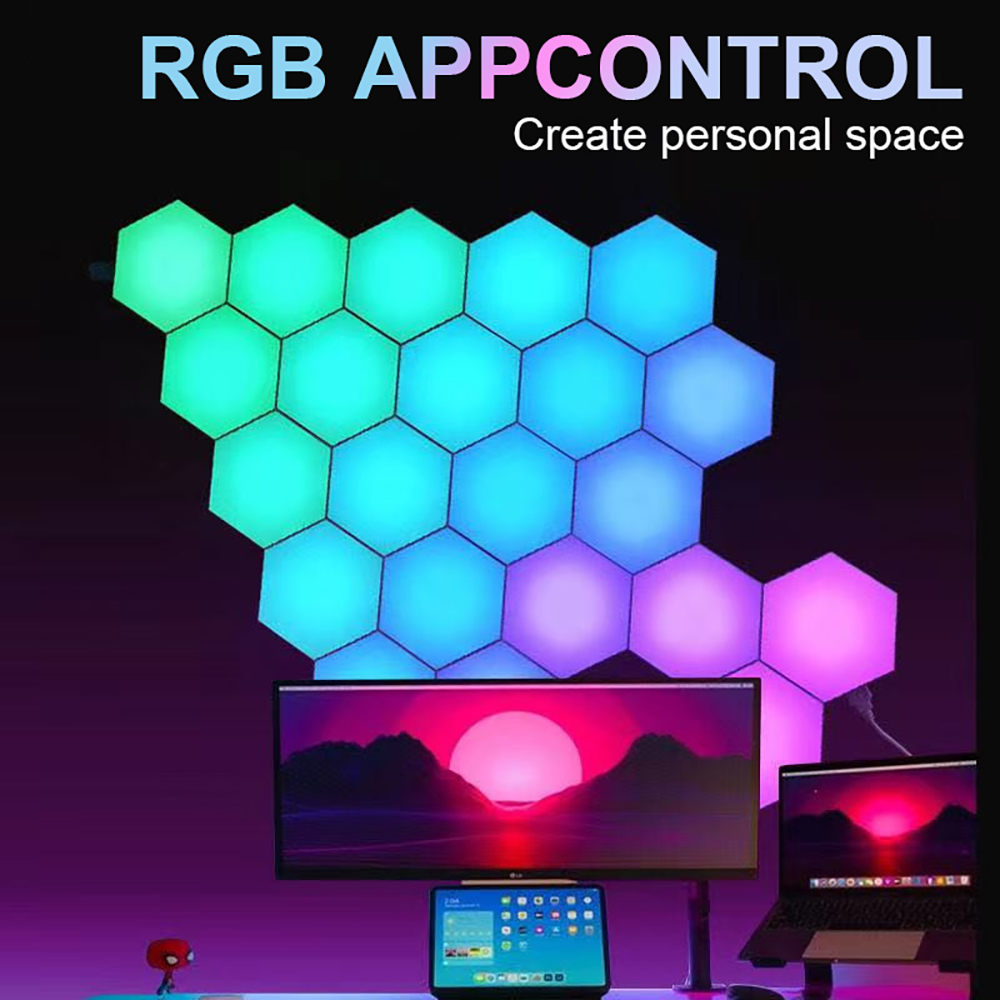 Gaming Accessories Wall - ไฟ LED ผนังหกเหลี่ยมแบบสัมผัส RGB ไฟแอปบลูทูธควบคุมจังหวะดนตรีของเกมคอมพิวเตอร์ hiasan