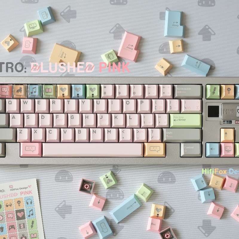 Vintage Gaming Accessories - ชุดคีย์แคปธีมวินเทจสีชมพูอ่อนแบบกำหนดเอง วัสดุ PBT โปรไฟล์ Cherry สำหรับคีย์บอร์ดเกมมิ่ง