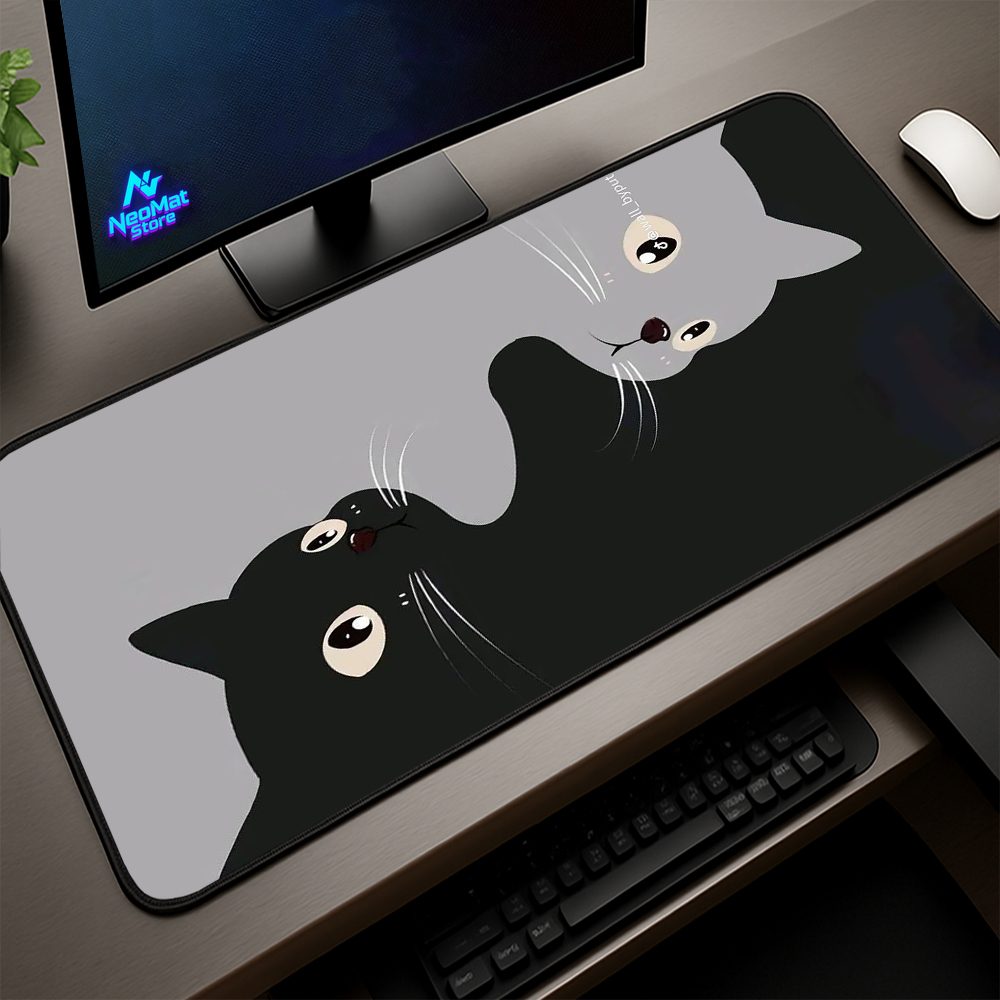 Gaming Accessories Very - แผ่นรองเมาส์คอมพิวเตอร์ลายแมว ขนาดใหญ่พิเศษ พรมสีดำเทา แผ่นรองโต๊ะน่ารัก อุปกรณ์ตกแต่งโต๊ะทำงาน แผ่นรองเมาส์ขนาดใหญ่สำหรับเล่นเกมบนพีซี